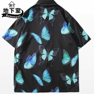 地下室- 襯衫 日系蝴蝶滿版印花上衣 短袖 男生衣服 五分袖 夏季穿搭 男裝 寬鬆 日常【nl633024】