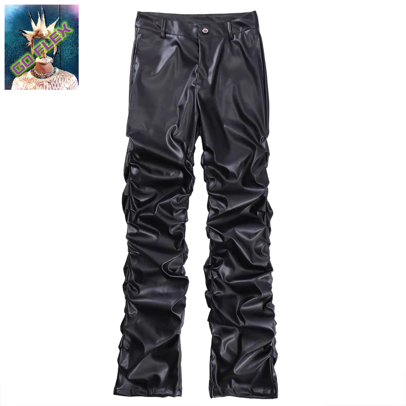 23SS dark punk pleated shiny PU leather trousers