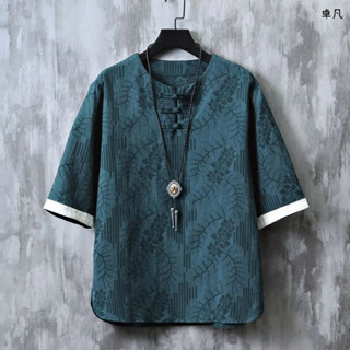 國風男裝 提花棉麻短袖 T恤男 夏季複古居士服 新中式唐裝亞麻禪服 冰絲上衣 透氣親膚耐穿短袖 國風上衣~卓凡