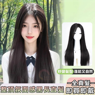 臺灣現貨 整頂式全真髮 自然無痕全頭套式黑長直髮 前額蕾絲遞針隨意分縫 遮白髮帽 蓬鬆增髮量 假髮女 化療假髮 真髮假髮