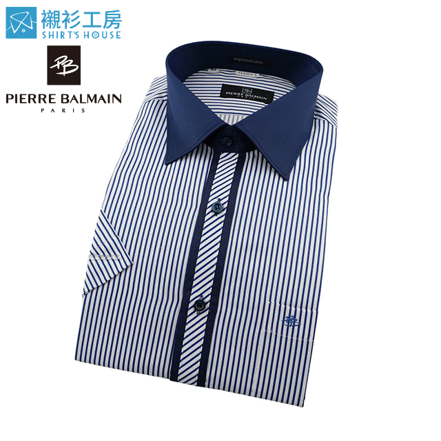 皮爾帕門pb白底深藍色條紋配同色素面領子、門襟作斜紋設計合身短袖襯衫65004-05-襯衫工房