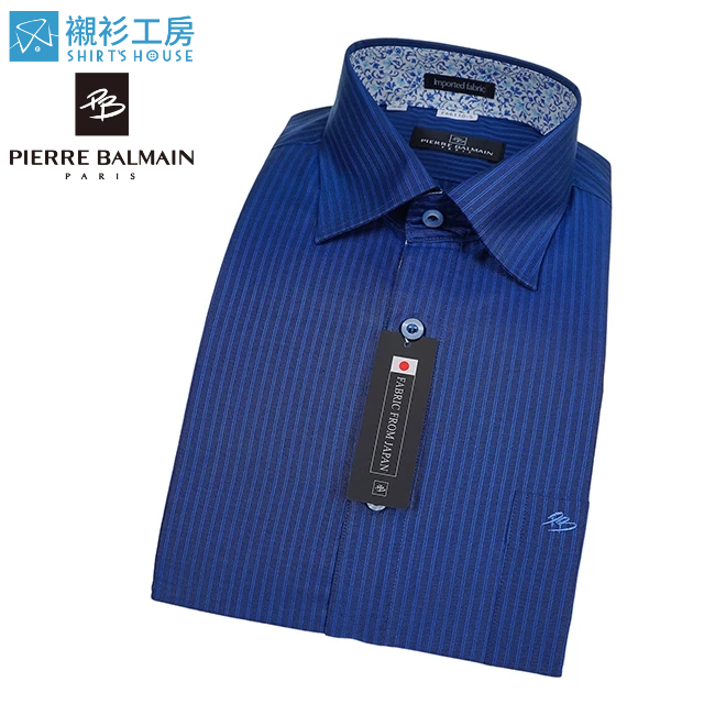 皮爾帕門pb深藍色底亮藍色條、領座配花布、都會型男穿搭、進口素材合身長袖襯衫66110-05-襯衫工房