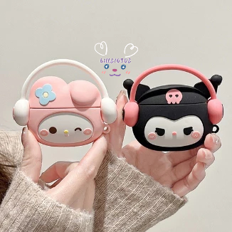 戴耳機美樂蒂/庫洛米 硅膠軟殼 AirPods 1/2/3代保護殼 分離式 蘋果AirPods Pro2藍牙耳機保護套