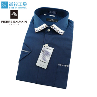 皮爾帕門pb深藍色素面領面拼接設計、口袋沿裝飾格子布、進口素材合身短袖襯衫65003-05-襯衫工房