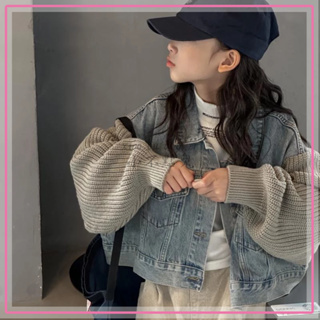 ✨小不點兒✨ 女童牛仔外套 針織袖子 字母印花韓國童裝女童牛仔衣洋氣時尚兒童秋裝外套男童中大童(100cm-160cm)