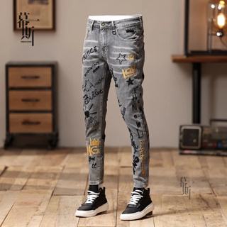 高品質美式 復古火山灰3D立體剪裁多色刺繡塗鴉牛仔褲 窄管 修身牛仔褲 似D2褲 修飾身形