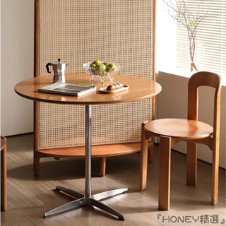 『HONEY精選』胡桃色實木小圓桌小戶型家用復古餐桌椅咖啡廳中古陽臺茶几飯桌子