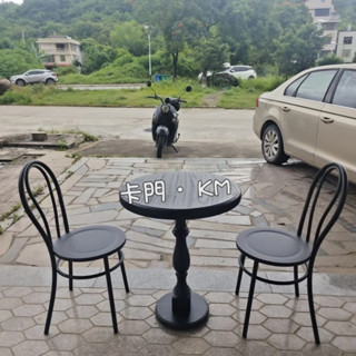 『 卡 門 』黑色中古奶茶店圓桌椅組合復古圓形小茶几輕奢美式咖啡桌極簡邊幾