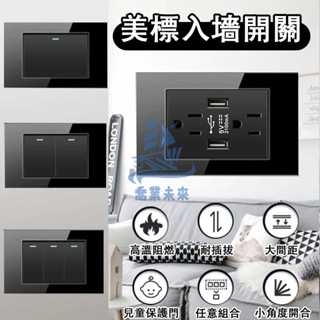 24H出貨 110V入墻插座 鋼化玻璃鏡面 墻壁開關電源 118型美標六孔20W超級快充插座 USB Type-C充電口