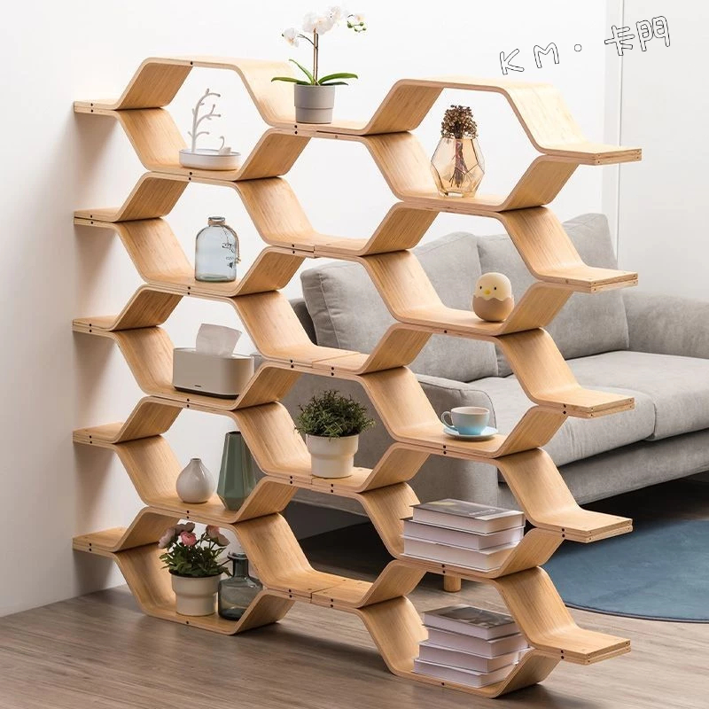 『 卡門 · KM 』書架落地收納置物架牆壁隔斷實木兒童書櫃蜂巢創意省空間書架