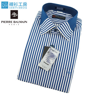皮爾帕門pb藍白相間條紋領面拼接、領座配色進口素材合身長袖襯衫65180-05-襯衫工房