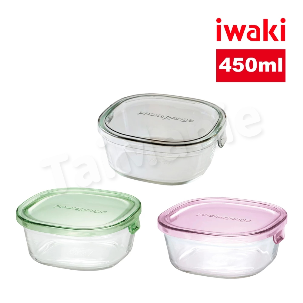 iwaki 日本耐熱玻璃方形微波保鮮盒450ml(三色任選)