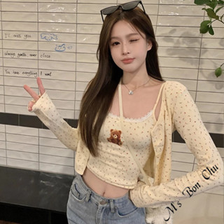 可愛小熊兩件式上衣【J1052】春夏新款韓系INS修身顯瘦甜美可愛網紅 熊熊兩件式上衣 熊熊背心 女生外套 BonChu
