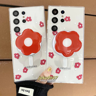 ins 紅色花朵 tpu防摔磁吸殼 適用三星s25 24 23 22 21ultra note10 20手機殼 配支架