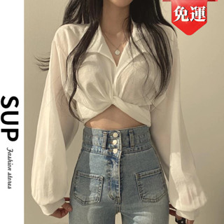 設計感襯衫 蝴蝶結綁帶款 春秋新款 復古鹽系收腰短款 綁帶襯衫 女 法式V領 休閑長袖 露腰上衣