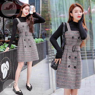 黑貓👗S-2XL👗吊帶裙洋裝👗連身裙 2022秋冬季新款格子毛呢連衣裙女小香風套裝中長款裙子打底針織兩件套