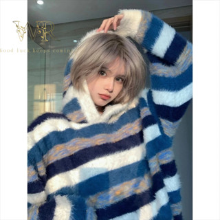 『W-R』春秋新款水貂絨 針織毛衣女 oversize條紋毛衣 秋冬上衣 設計感上衣 ins風衣服 長袖上衣 韓版毛衣男