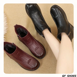 【GF SHOES】免運🔥 加絨皮面短靴 保暖短靴 2024冬季新款媽媽棉鞋平底防滑軟底休閑女鞋加絨保暖短靴老人棉鞋