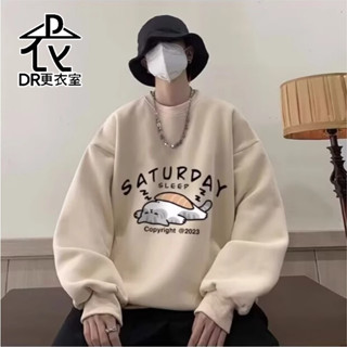 DR更衣室-長袖T恤 韓版壽司貓SaturdaySleep塗鴉印花圓領加絨上衣 大學t 大尺碼5XL【NL664086】