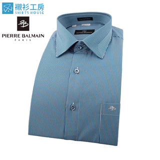 皮爾帕門pb藍色細條紋、領面拼接、手工細緻合身長袖襯衫67136-05-襯衫工房