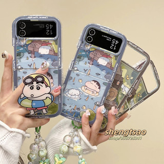 撞色相框 游泳小新 tpu軟殼 適用三星zflip6折疊手機殼 zflip5防摔手機殼 zflip4/3貼上支架手鏈女
