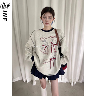 卡通貓咪印花蝴蝶結長袖衛衣女秋季新款設計感撞色慵懶風寬鬆上衣