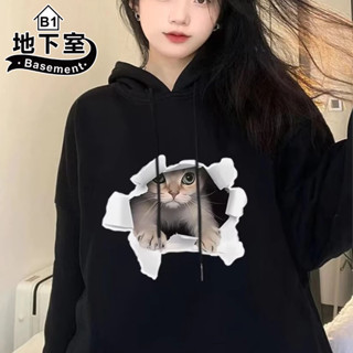 地下室B1-長袖帽T 日系趣味貓咪寫真印花大落肩口袋連帽上衣 ins 寬鬆 百搭 帽t 情侶裝【NL664083】
