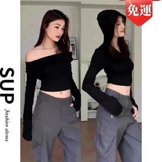 美式一字領黑色兩穿短版打底連帽T恤上衣女 美式上衣 一字領上衣 黑色兩穿上衣 短版上衣 連帽衛衣 帽T 上衣