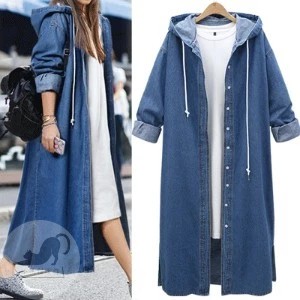 黑貓👗L-4XL👗牛仔外套👗長版外套 牛仔風衣中長款 2024春裝新款大碼長袖連帽BF過膝牛仔外套潮 秋冬款丹寧風