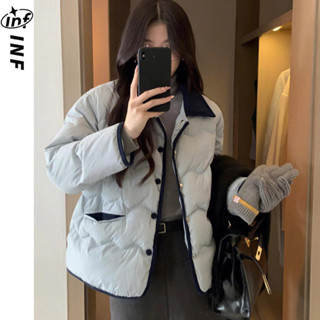燈芯絨翻領東大門輕薄羽絨棉服女短款小香風藍色外套