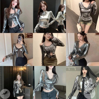 黑貓👗【銀色系列】 銀色上衣 銀色長袖 掛脖上衣 銀色衣服 長袖 科技感 立體感 節目服飾