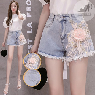 黑貓👗S-2XL👗丹寧短褲👗闊腿褲 熱褲 正韓個性春夏新款韓版牛仔短褲熱褲立體花朵裝飾個性流蘇破洞古風短褲