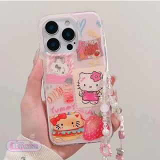 漢堡草莓kt貓 手鏈 iphone手機殼 防摔手機殼 適用於 iphone16 15 14 13 pro max i16