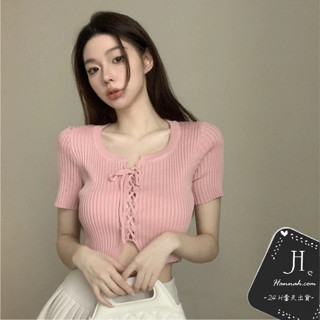 穿繩針織短袖上衣[036]韓系新款春夏INS綁繩性感針織短袖 女生上衣 針織上衣 短袖上衣 性感上衣【Hannah】