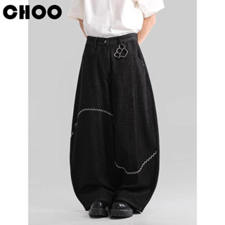 【CHOO】彎刀牛仔褲 刺繡線條彎刀牛仔長褲 水洗牛仔褲 男生牛仔褲 寬鬆寬褲 大碼春夏秋季 闊腿高街 潮牌 水洗牛仔褲