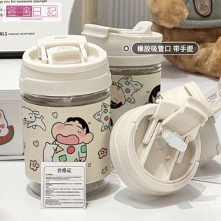 可愛蠟筆小新夏季雙飲塑料杯ins高顔值學生辦公族便攜卡通吸管杯耐熱玻璃隨身杯 水壺 隨行杯 飲料杯 環保杯 杯子 咖啡杯