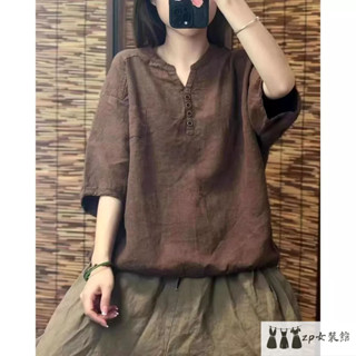 ＜ｚｐ女裝舘＞新款寬松百搭五分袖夏季薄款透氣法式小眾富婆襯衫棉麻上衣女 大尺碼女裝 夏季女裝 氣質上衣 韓版襯衫