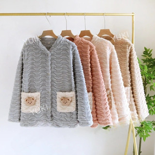 YUKI 冬季加絨女上衣居家服加厚保暖長袖毛茸茸珊瑚絨單件睡衣