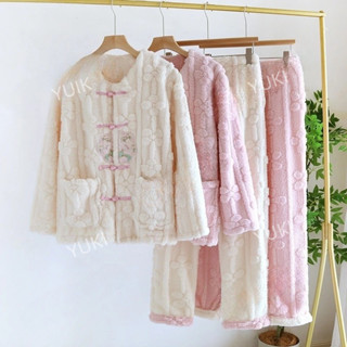 YUKI 秋冬加厚保暖加絨刷毛女居家服可外穿長袖長褲寬鬆毛茸茸珊瑚絨睡衣套裝