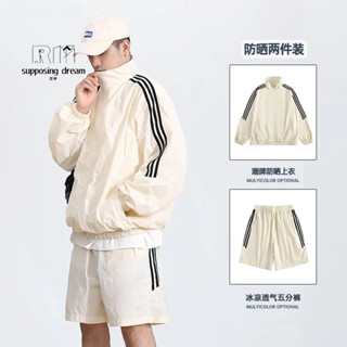 👑【若夢】👑運動套裝-外套+短褲 防曬套裝 防水防風外套 三槓套裝 登山服 運動服 休閒套裝 整套服裝 棒球服情侶運動裝