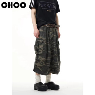 【CHOO】迷彩七分褲 工裝中長褲 美式複古 寬褲寬鬆大碼 七分褲 多口袋褲子 男女情侶 夏季 薄款七分褲 休閒中長褲