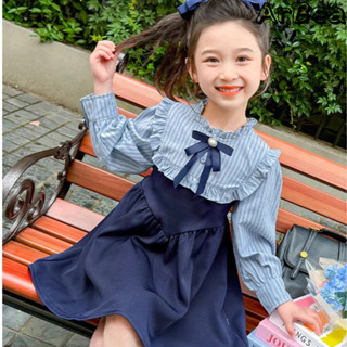 {現貨有電子發票}女童學院風洋裝秋季新女寶寶假兩件韓版條紋撞色長袖裙【C1017】
