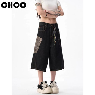 【CHOO】蛇皮牛仔短褲 黑色蟒紋牛仔七分褲 水洗牛仔短褲 男女情侶款 寬鬆寬褲 街頭風大碼 夏季薄款 水洗牛仔七分短褲