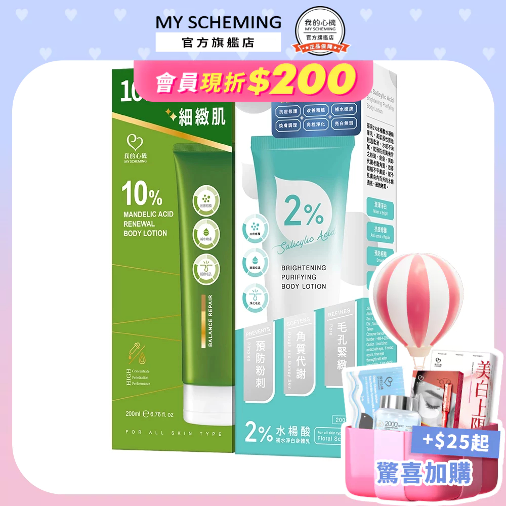 【我的心機】淨透調理身體乳200ml (2%水楊酸/10%杏仁酸)/2%水楊酸抗痘修護美背噴霧
