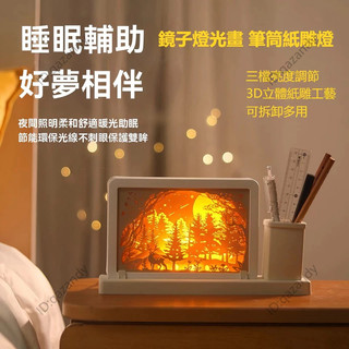鏡子燈光畫 紙雕燈 鏡子燈 生日禮物 桌面擺件相框 鏡子 筆筒紙雕燈 小夜燈 diy創意 3D技術光影紙雕疊影燈