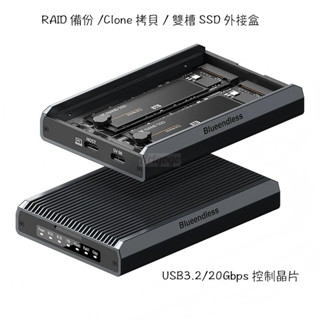 RAID映象備份 Clone複製 雙槽雙協議M.2 SSD硬碟外接盒,USB3.2 20Gbps控制晶片,SSD拷貝機