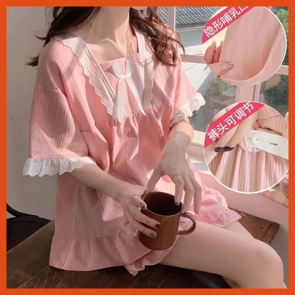【台灣出貨】孕婦短袖哺乳睡衣 夏季薄款 月子服 產後吸汗透氣 大碼家居服