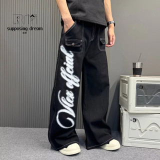 👑【若夢】👑多款隨便搭都好看！小眾設計感高街美式修身牛仔褲 百搭印花INS風長褲 直筒拉鏈休閒長褲 男女情侶款牛仔褲