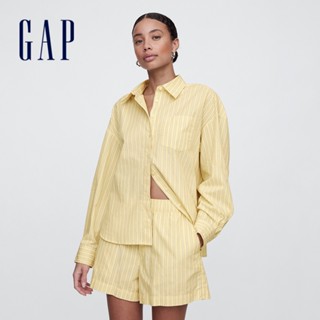 Gap 女裝 純棉翻領長袖襯衫-黃色條紋(781563)