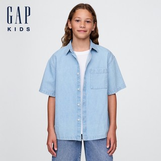 Gap 男童裝 純棉翻領短袖牛仔襯衫-淺色水洗(732222)